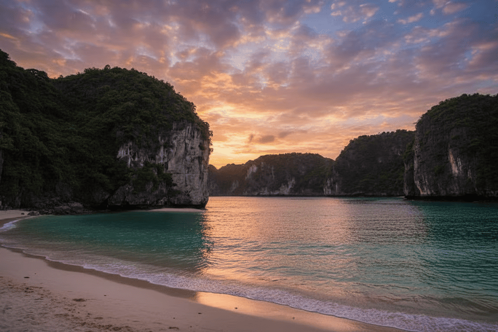 Ba Trai Dao Beach lies hidden in Lan Ha Bay, featuring a crescent-shaped shoreline, clear waters, and three iconic peach-shaped limestone islets